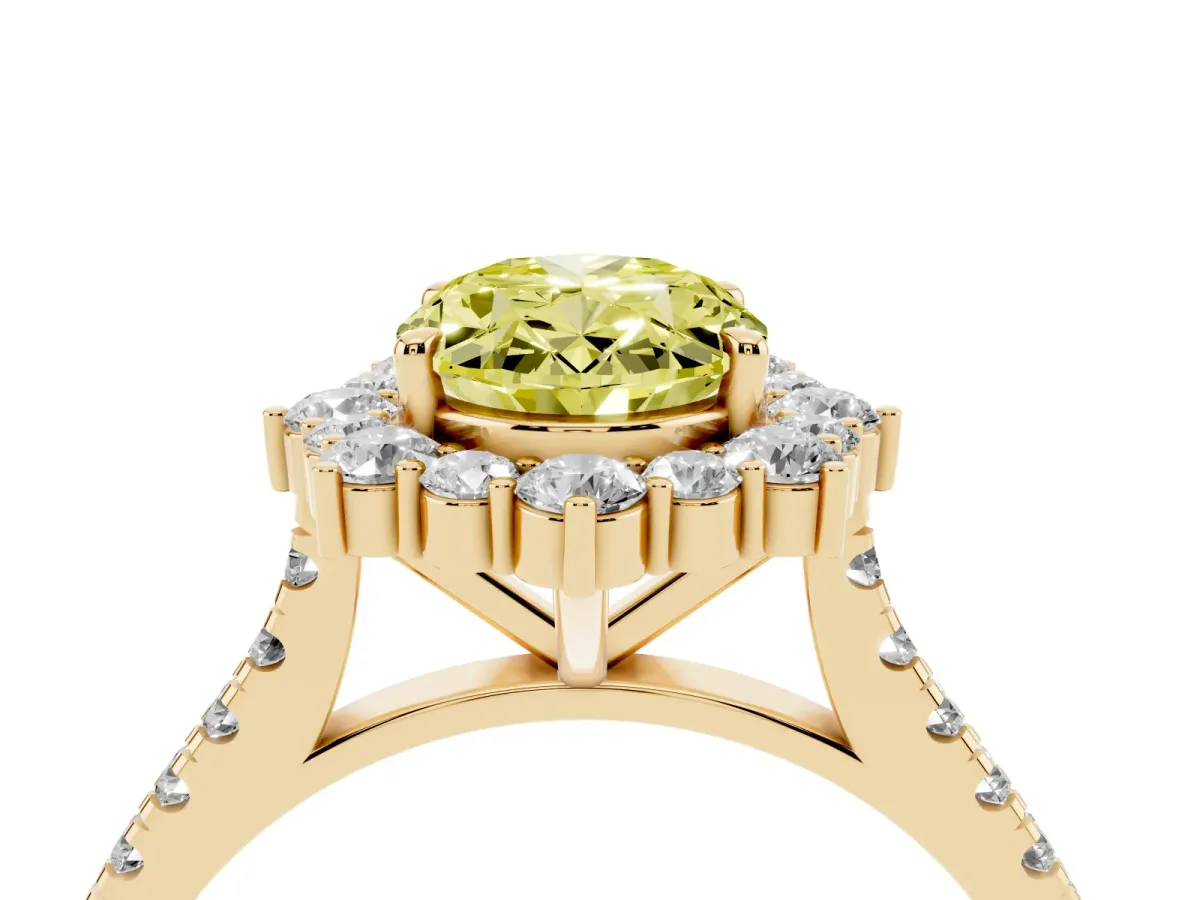 Fancy Yellow Oval Cut Halo Diamond Ring with Pavé Band and Prong Setting Yellow gold