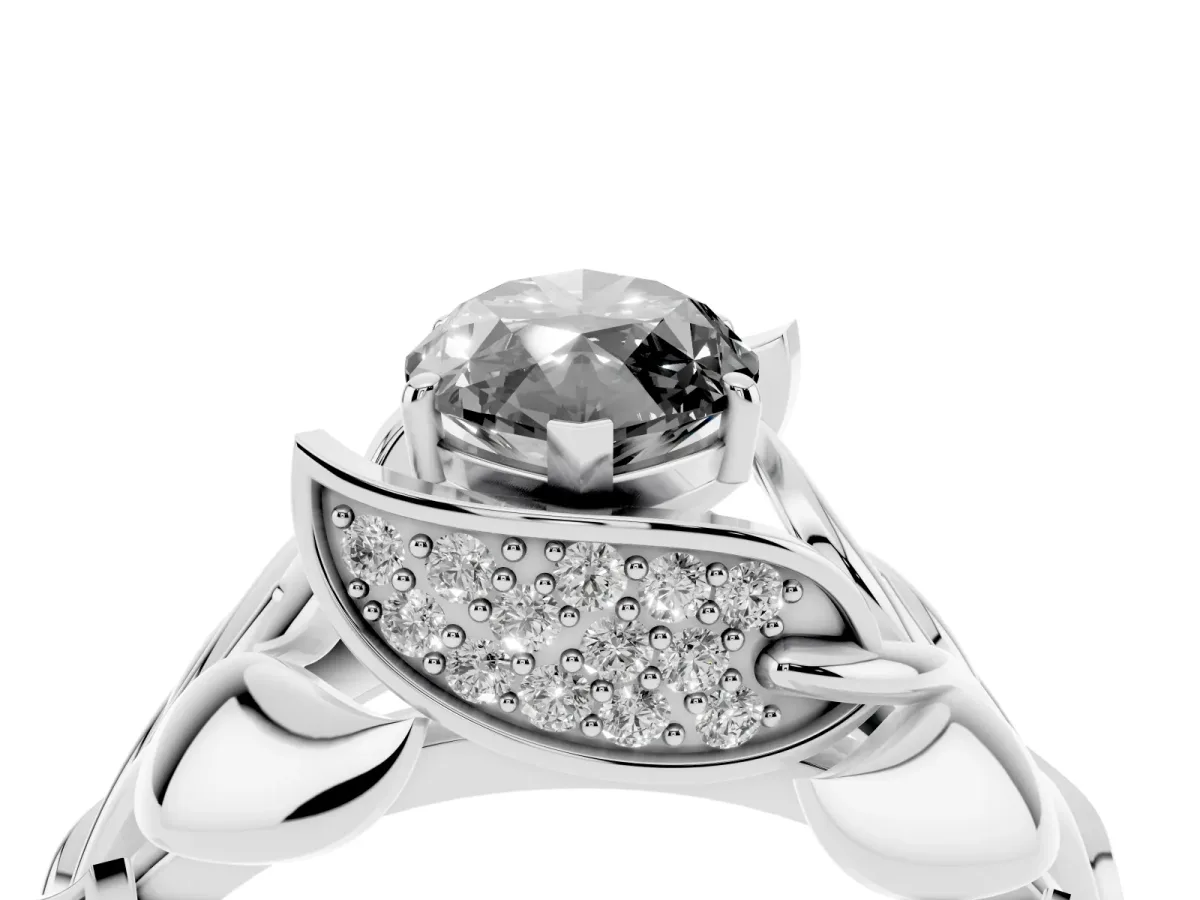 Fancy Black Marquise Cut Diamond Leaf-Inspired Engagement Ring with Round Accents and Prong Setting Silver