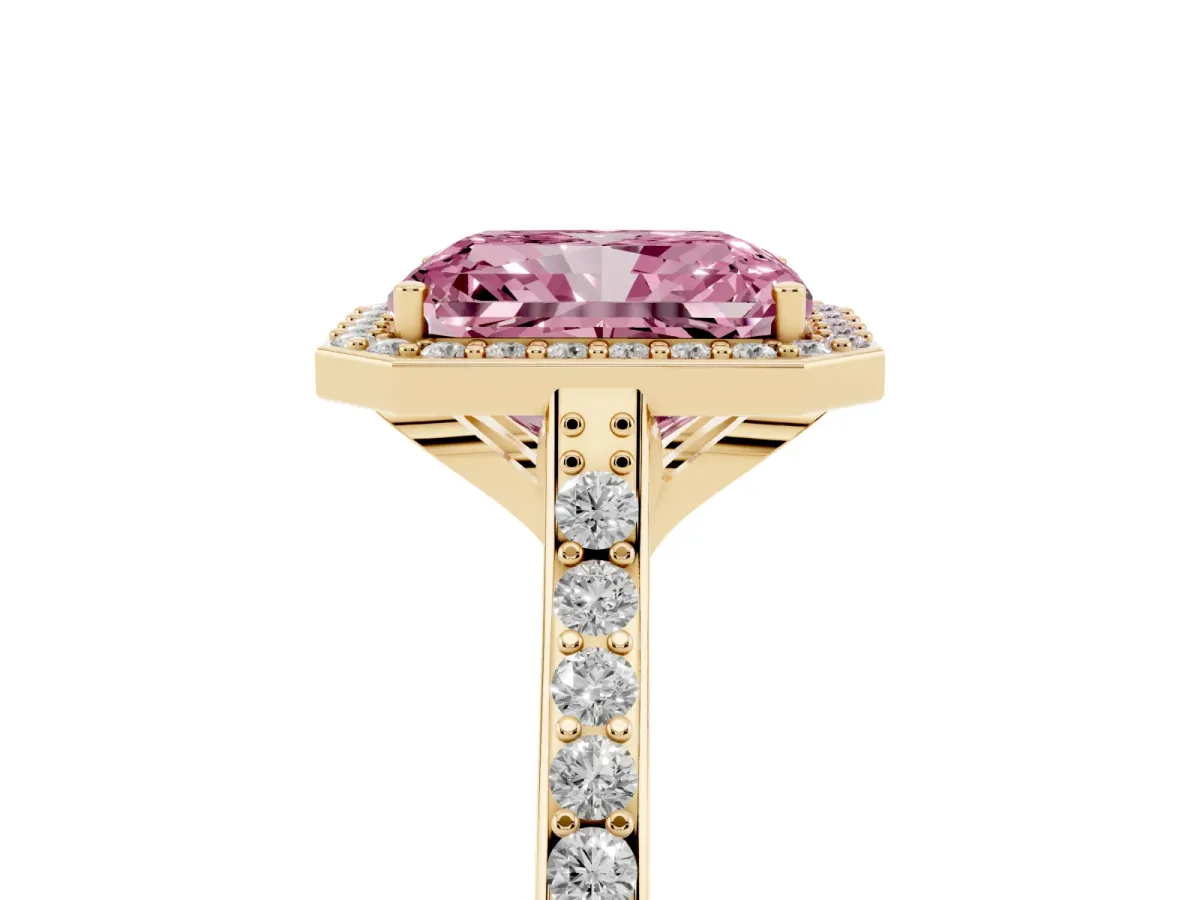 Fancy Pink Radiant Cut Diamond Halo Engagement Ring with Round Pavé Shoulders and Prong Setting Yellow gold