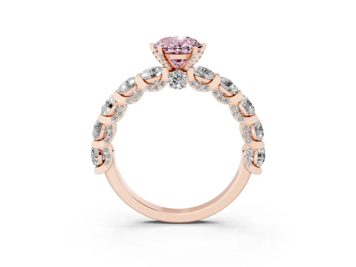 Fancy Pink Oval Cut Diamond Side Stone Engagement Ring with Four-Prong Setting Rose gold
