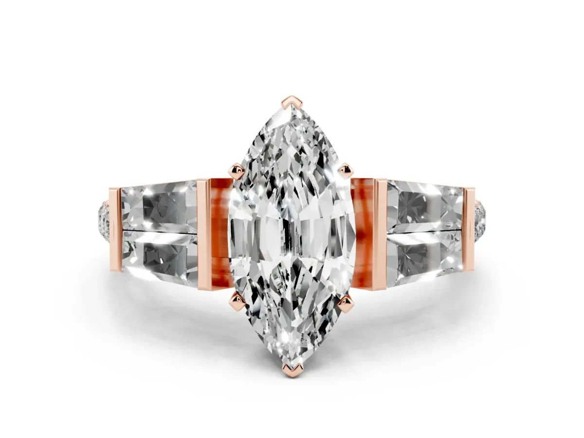 Marquise Cut Diamond Engagement Ring with Baguette Side Stones and Channel Set Band Rose gold