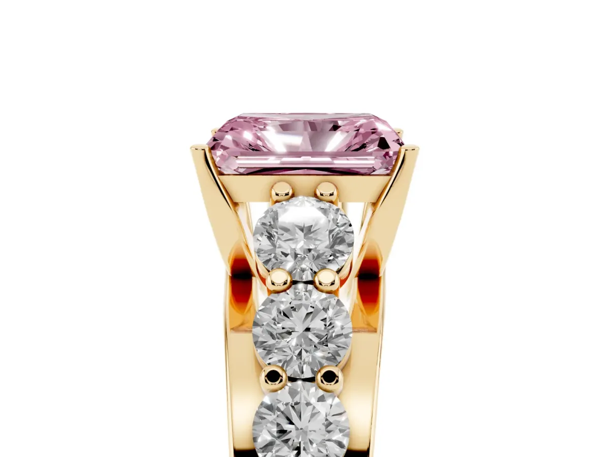 Fancy Pink Radiant Cut Diamond Engagement Ring with Pavé Band and Four-Prong Setting Yellow gold