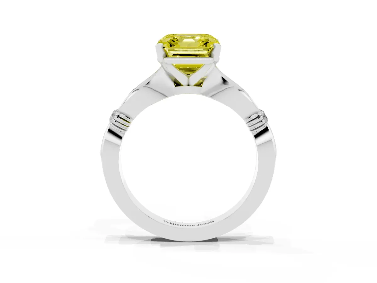 Fancy Yellow Asscher Cut Solitaire Diamond Twisted Band with Four-Prong Setting Silver