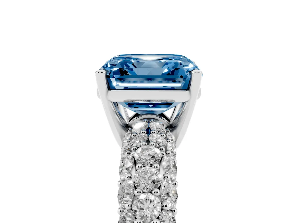 Fancy Blue Asscher Cut Diamond Pavé Band Solitaire Ring with Four-Prong Setting Silver