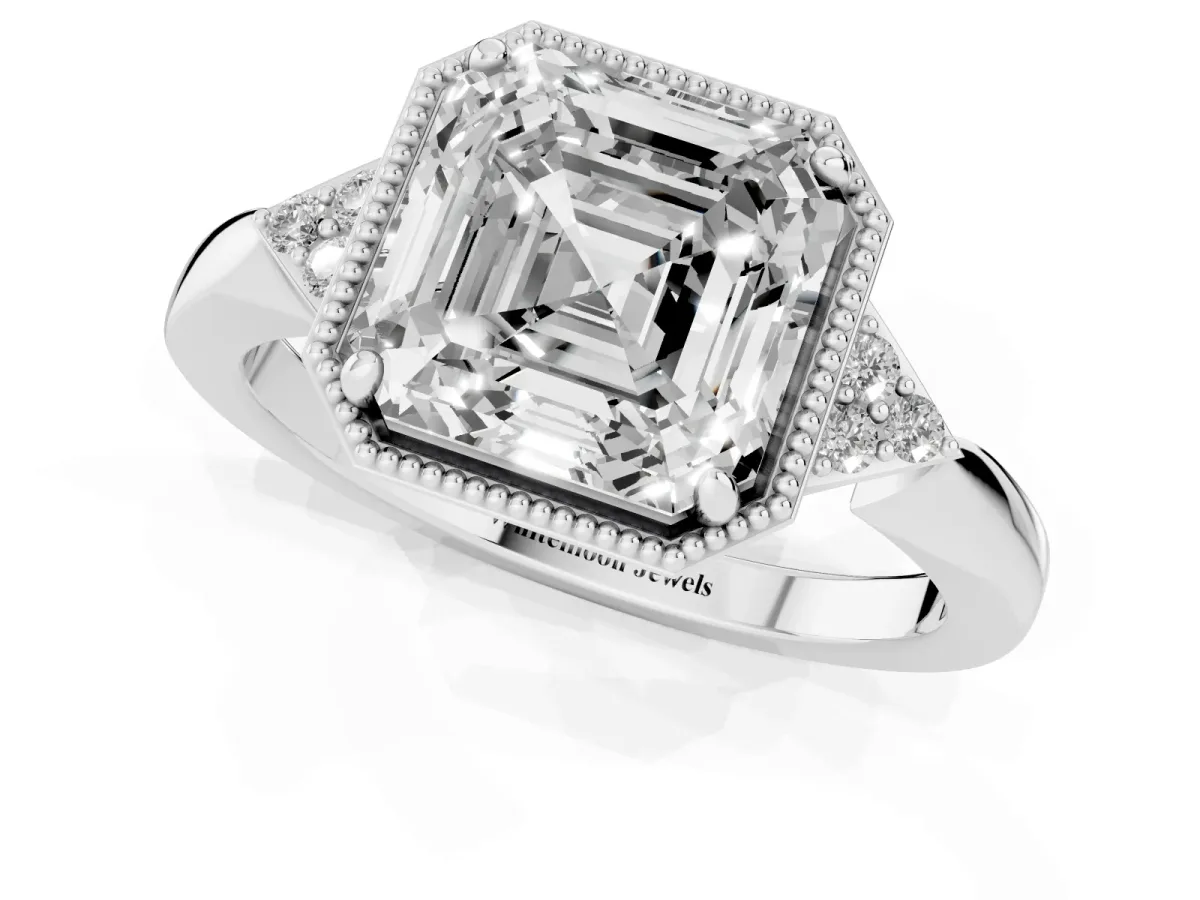 Hexagonal Halo Asscher Cut Diamond Solitaire with Pavé Band and Four-Prong Setting Silver