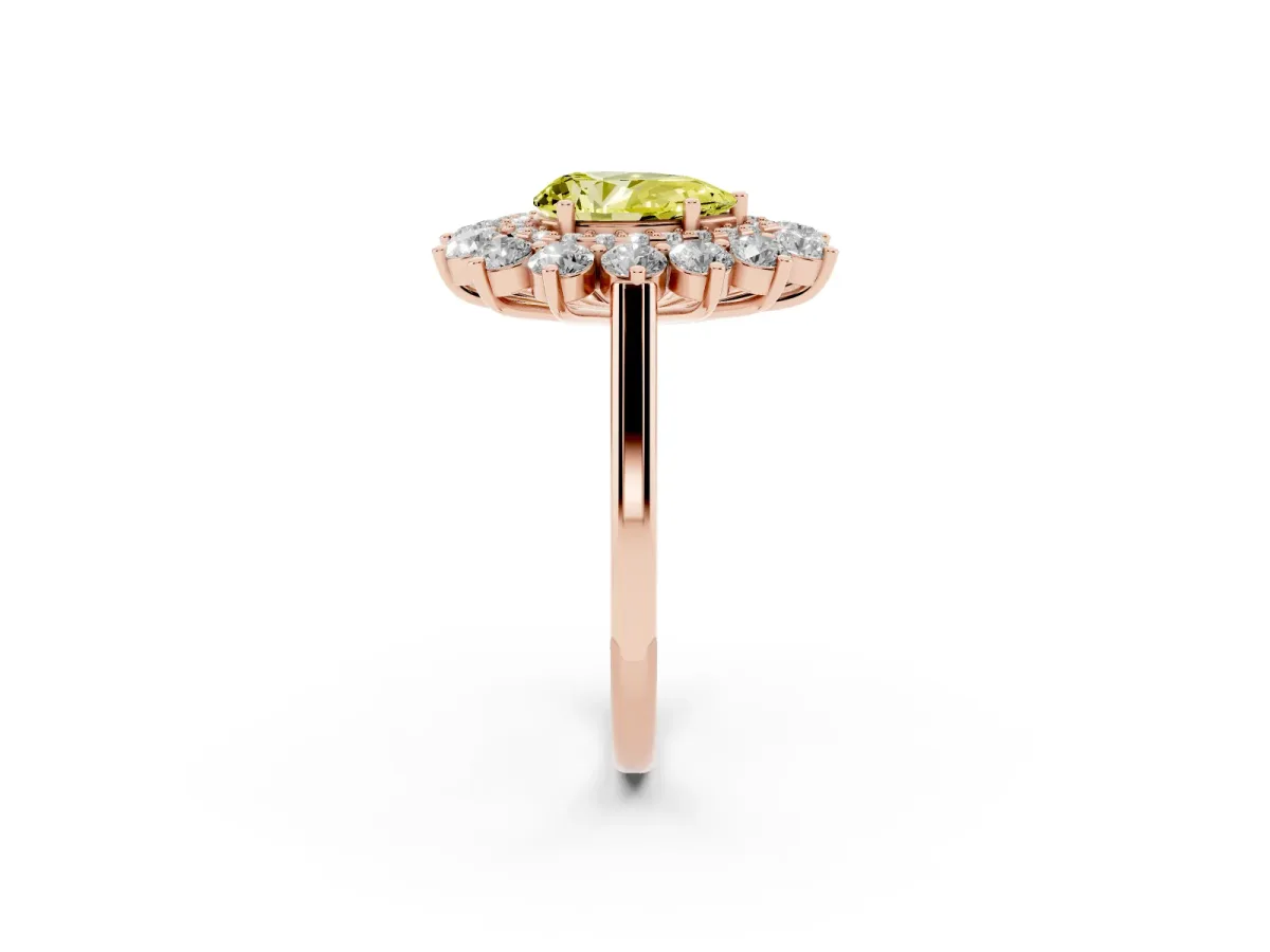 Fancy Yellow Pear Cut Diamond Floral Double Halo Engagement Ring with Prong Setting Rose gold