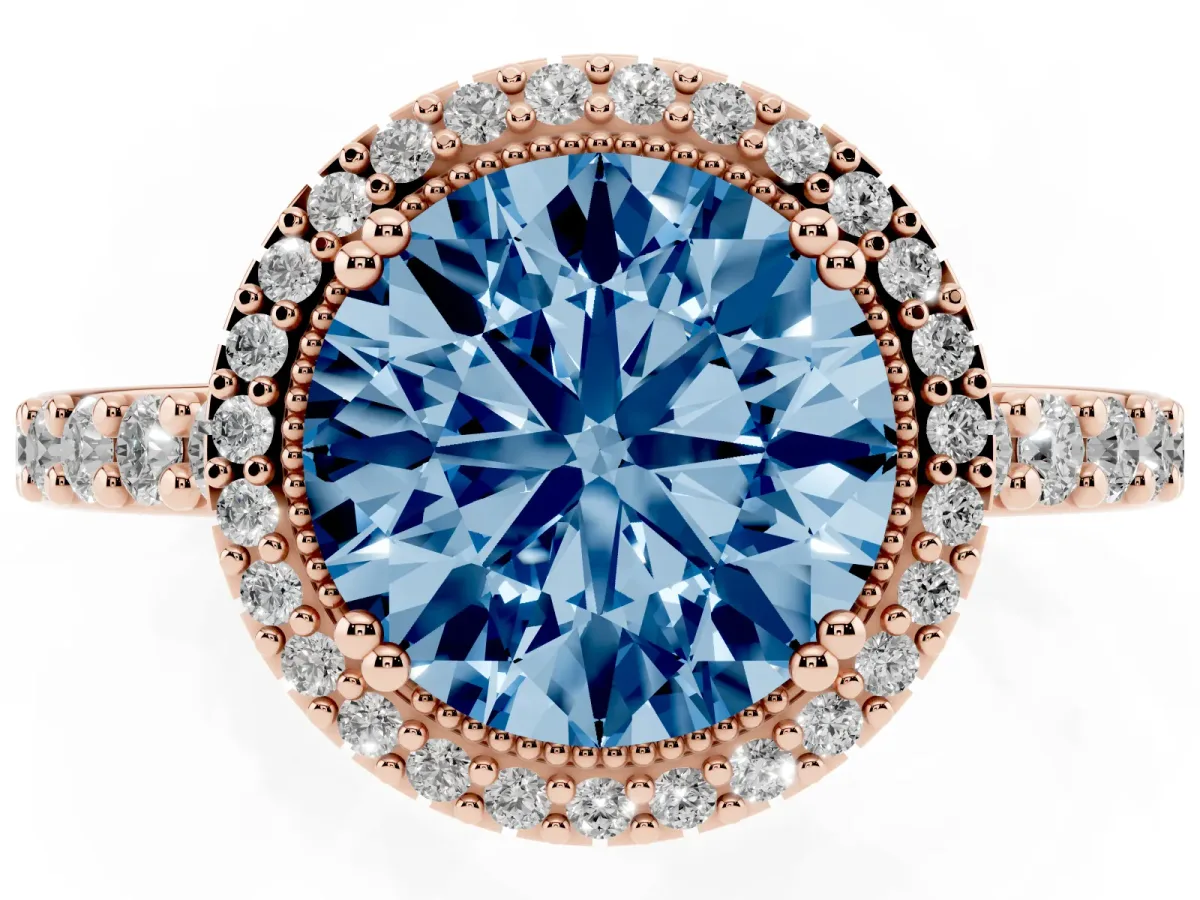 Fancy Blue Round Cut Cut Diamond Halo Engagement Ring with Milgrain Detail and Pavé Band Rose gold