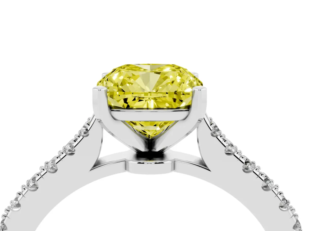 Fancy Yellow Cushion Cut Cut Solitaire Diamond Engagement Ring with Pave Band and Four-Prong Setting Platinum
