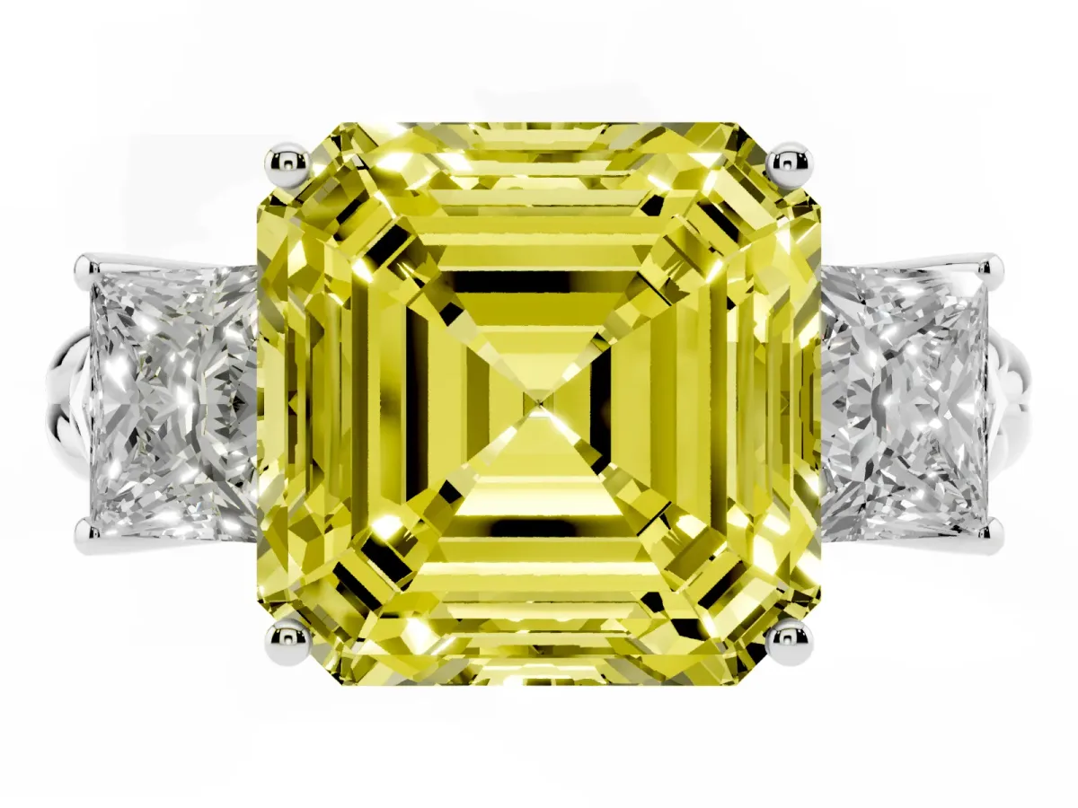 Fancy Yellow Three-Stone Asscher Cut Diamond Braided Band Ring with Four-Prong Setting Silver