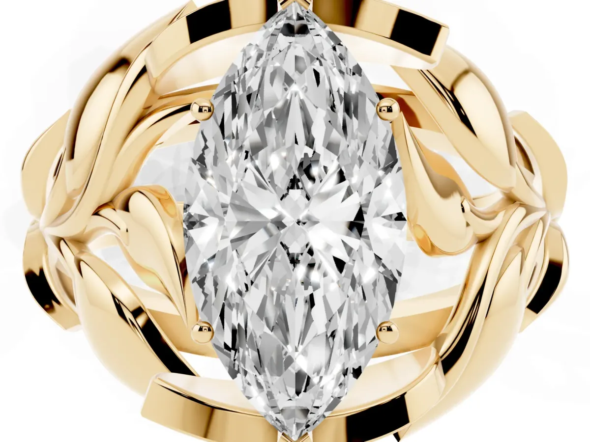 Marquise Cut Diamond Leaf-Inspired Engagement Ring with Round Accents and Prong Setting Yellow gold