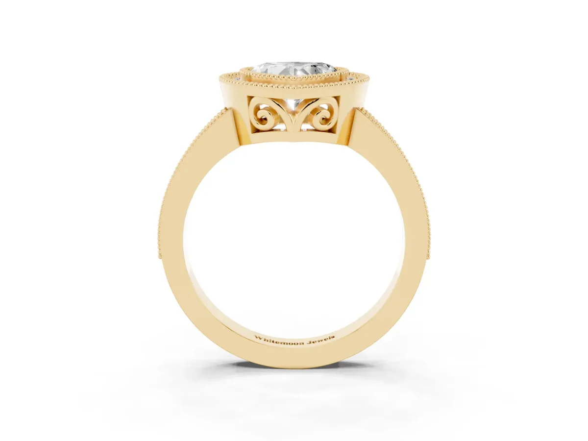 Heart Cut Cut Halo Diamond Ring with Pavé Band and Milgrain Prong Setting Yellow gold