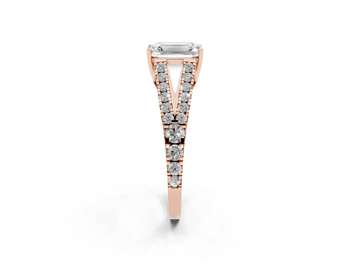 Emerald Cut Diamond Split Shank Engagement Ring with Round Pavé and Prong Setting Rose gold