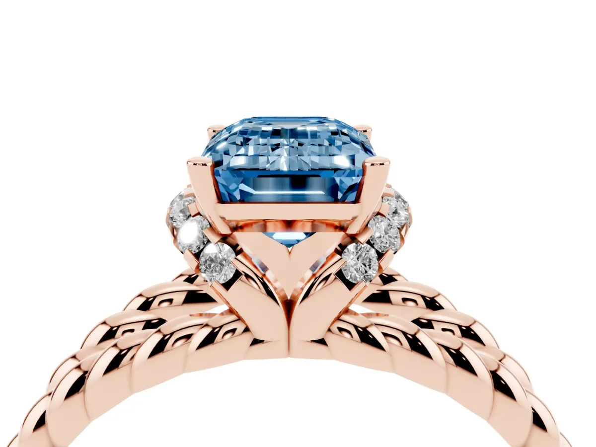 Fancy Blue Emerald Cut Halo Twisted Band Four-Prong Ring Rose gold