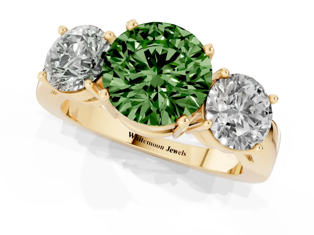 Fancy Green Three-Stone Round Cut Diamond Ring with Round Side Stones, Classic Band, and Four-Prong Setting Yellow gold