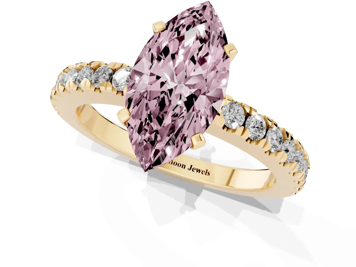 Fancy Pink Marquise Cut Solitaire Diamond with Pavé Band and Four-Prong Setting Yellow gold