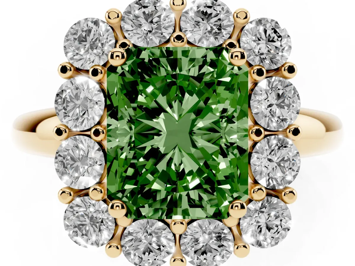 Fancy Green Radiant Cut Halo Cluster Diamond Engagement Ring with Prong Setting and Polished Band Yellow gold