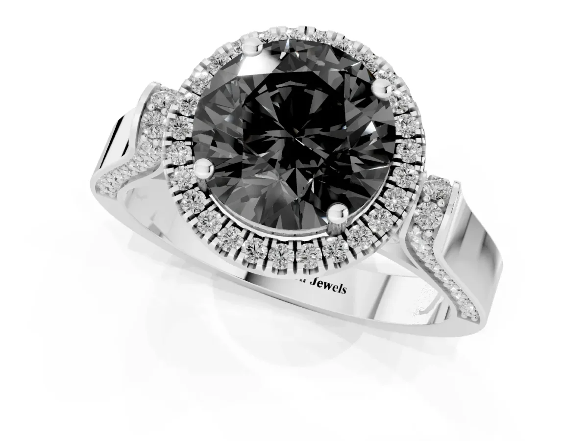 Fancy Black Round Cut Halo Round Diamond Twist Band with Four-Prong Setting Platinum