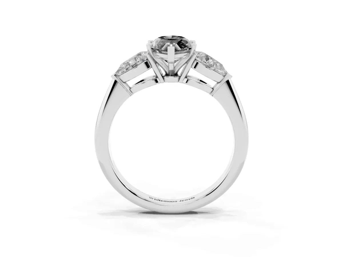 Fancy Black Three-Stone Marquise Cut Diamond Ring with Pear Side Stones and Four-Prong Setting Silver
