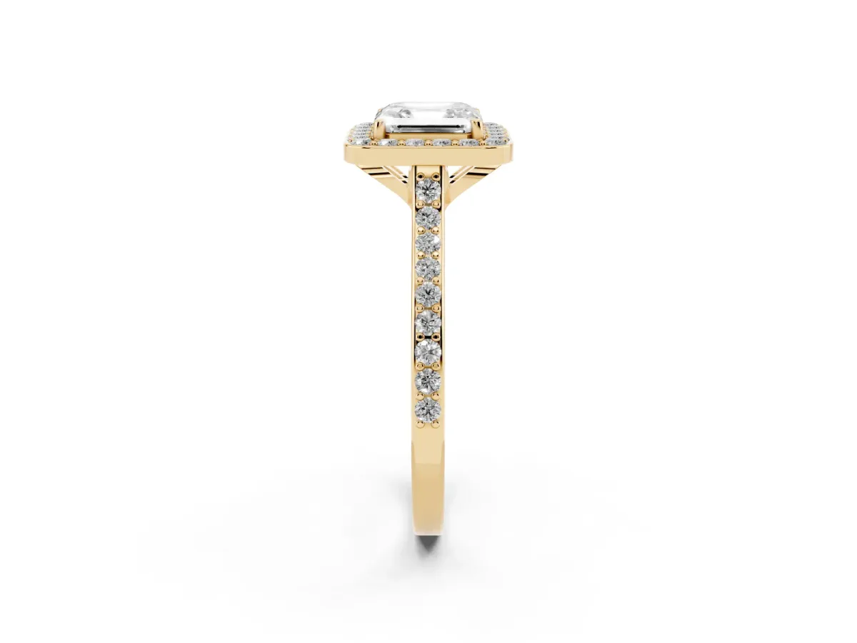 Asscher Cut Diamond Halo Engagement Ring with Round Pavé Shoulders and Prong Setting Yellow gold