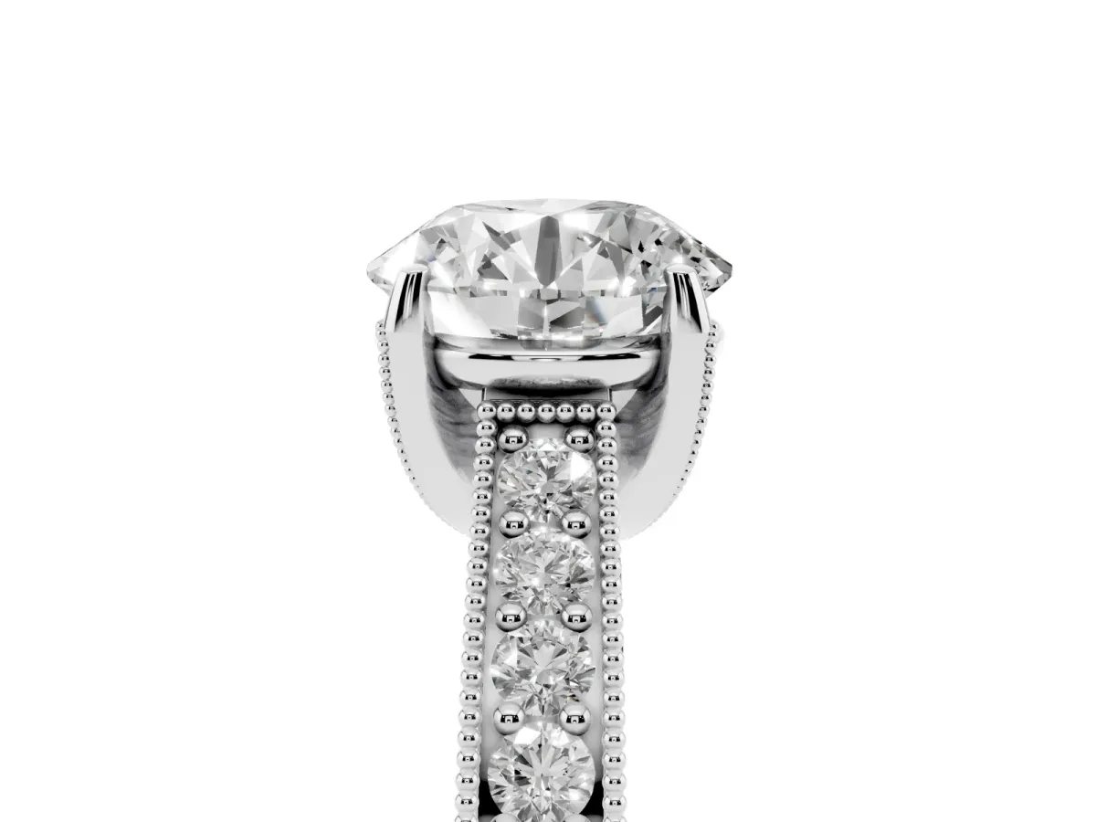Round Cut Cut Diamond Solitaire Ring with Milgrain Pave Band and Four Prong Setting White gold