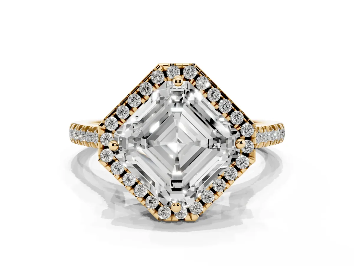 Asscher Cut Diamond Cushion Halo Ring with Pavé Band Yellow gold