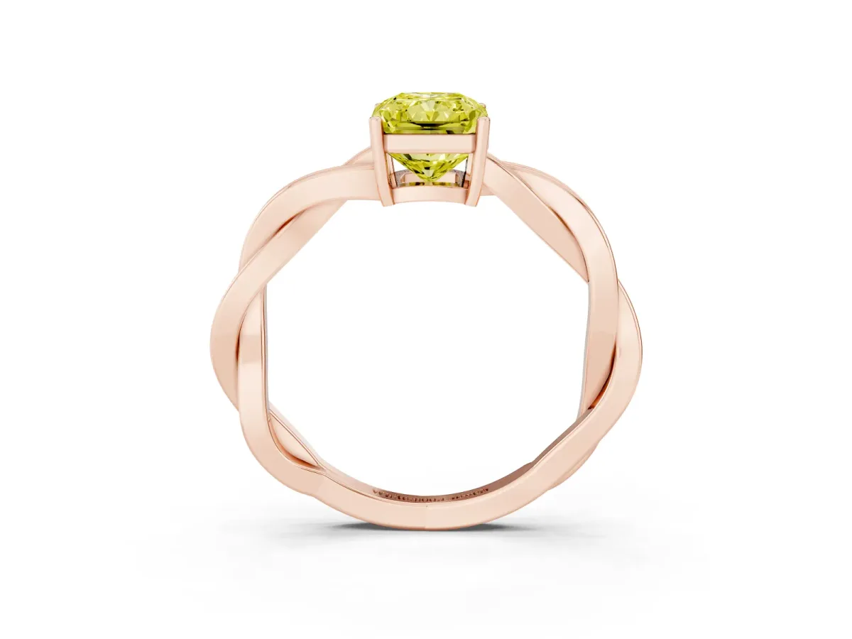 Fancy Yellow Radiant Cut Solitaire Twisted Pave Diamond Ring with Four-Prong Setting Rose gold