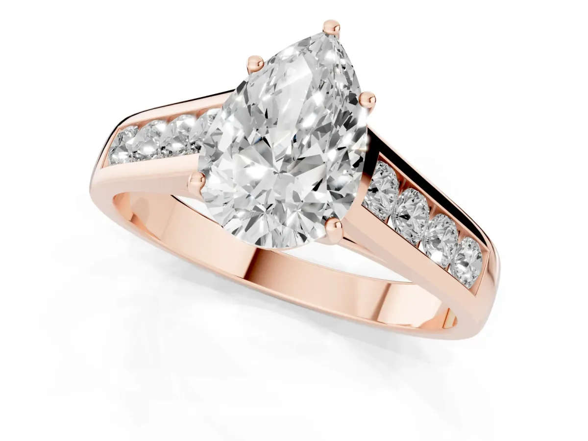 Pear Cut Brilliant Channel-Set Solitaire Ring with Four-Prong Setting Rose gold