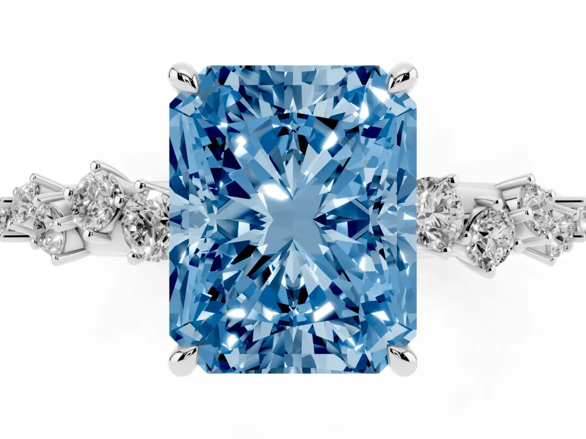 Fancy Blue Radiant Cut Diamond Cluster Side Stone Solitaire Ring with Prong Setting Silver
