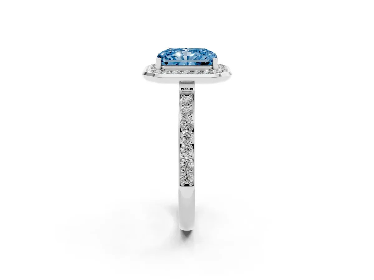 Fancy Blue Radiant Cut Diamond Halo Ring with Bezel Frame and Pavé Band Silver