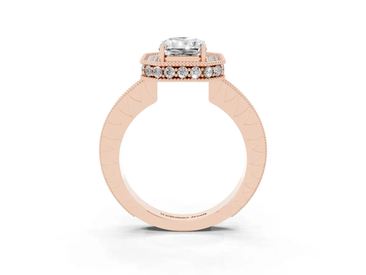 Radiant Cut Diamond Milgrain Halo Engagement Ring with Round Pavé Band and Prong Setting Rose gold