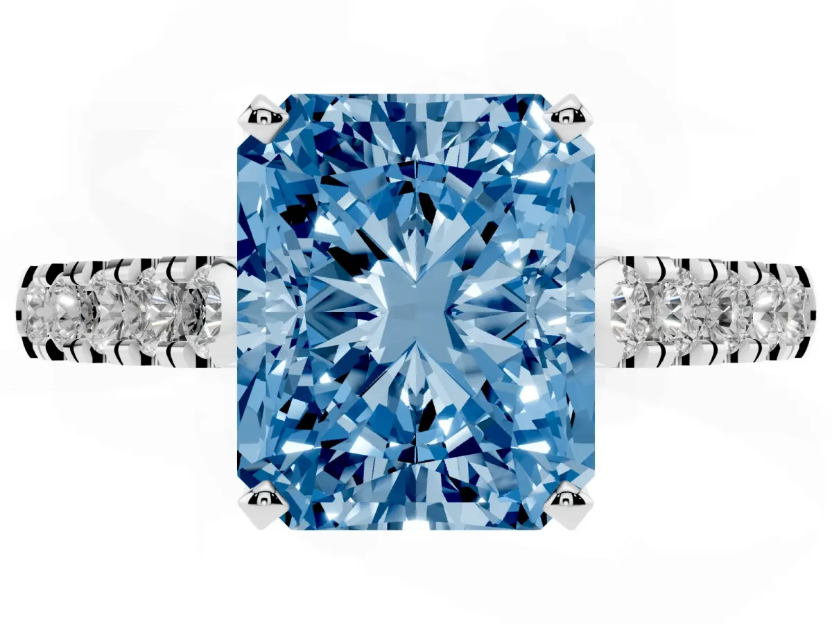Fancy Blue Radiant Cut Diamond Pavé Band Solitaire Ring with Prong Setting Silver