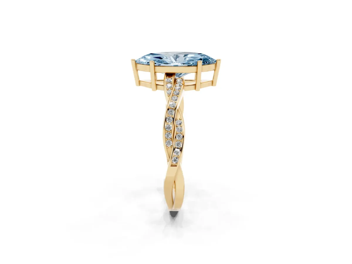 Fancy Blue Marquise Cut Solitaire Twisted Pave Diamond Ring with Four-Prong Setting Yellow gold