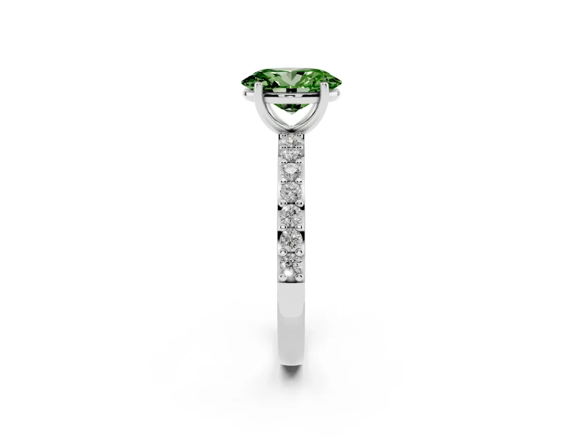 Fancy Green Oval Cut Cut Diamond Solitaire with Pave Band and Four-Prong Setting Silver