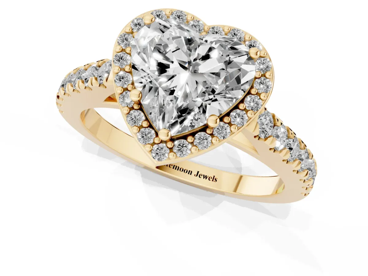 Heart Cut Cut Halo Diamond Engagement Ring with Pave Band and Four-Prong Setting Yellow gold