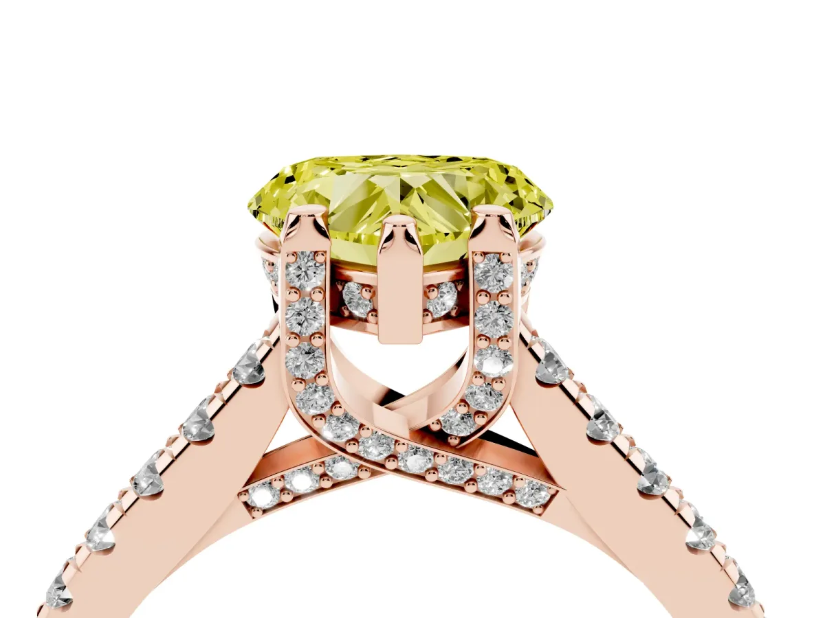 Fancy Yellow Heart Cut Brilliant Diamond Solitaire with Pavé Band and Four-Prong Setting Rose gold