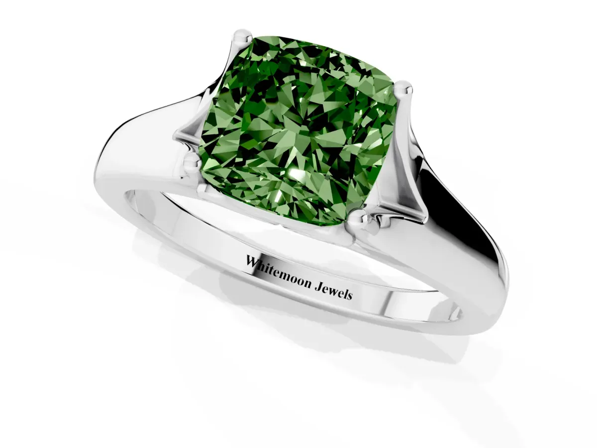 Fancy Green Cushion Cut Solitaire Diamond Ring with Cathedral Band and Four-Prong Setting Silver
