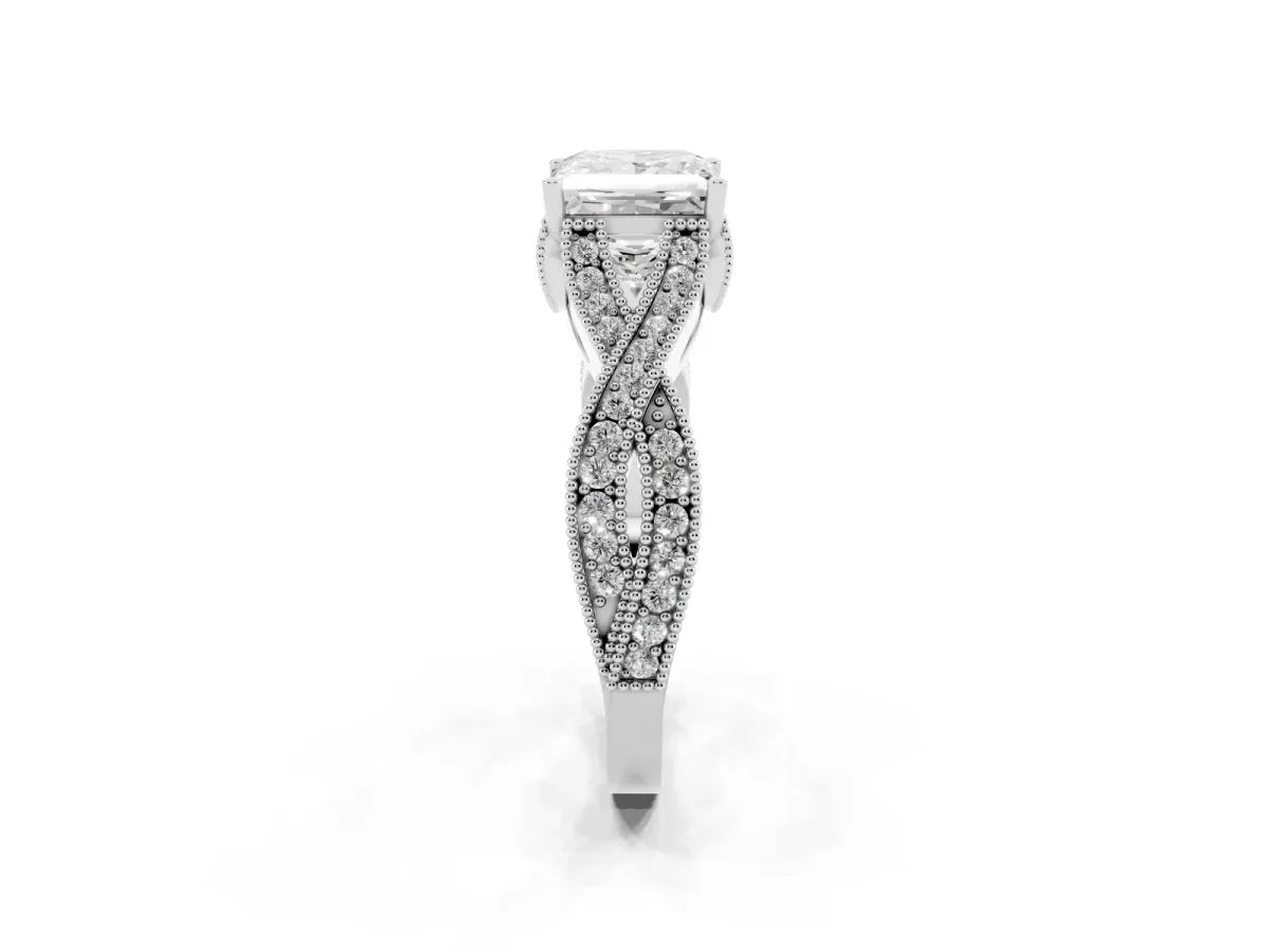 Princess Cut Cut Diamond Twisted Band with Milgrain Pave Setting and Four-Prong Setting Silver