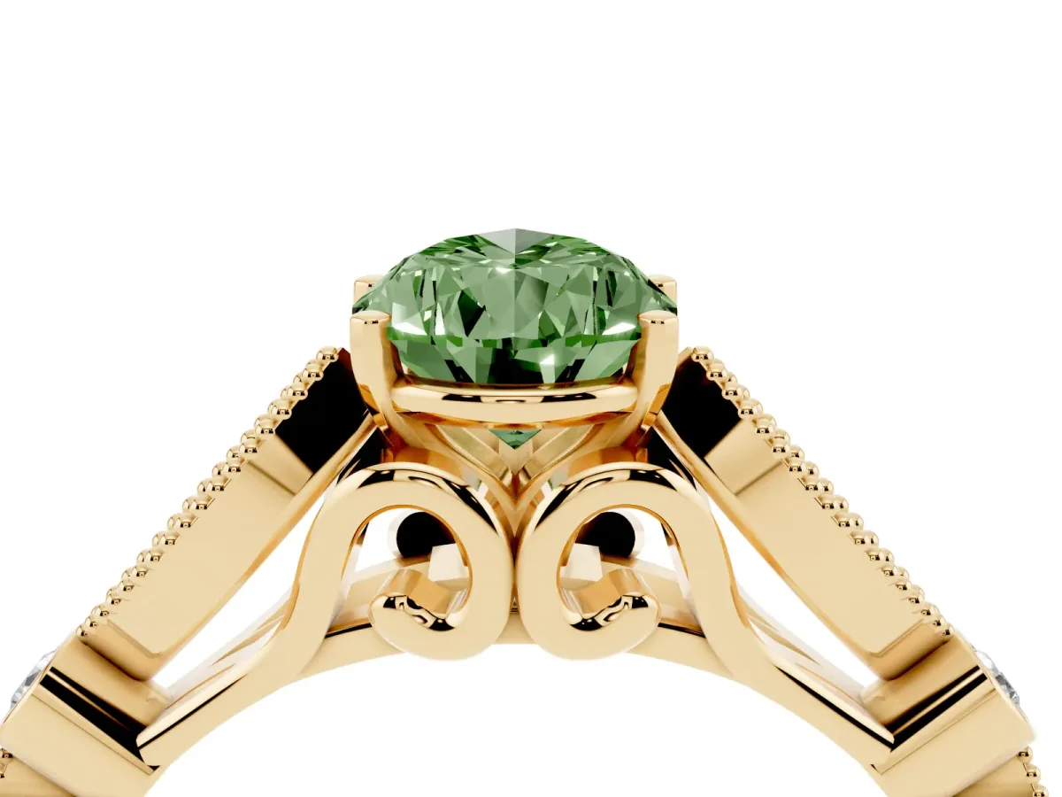 Fancy Green Pear Cut Cut Diamond with Milgrain Marquise and Bezel Accents on a Solitaire Band with Prong Setting Yellow gold