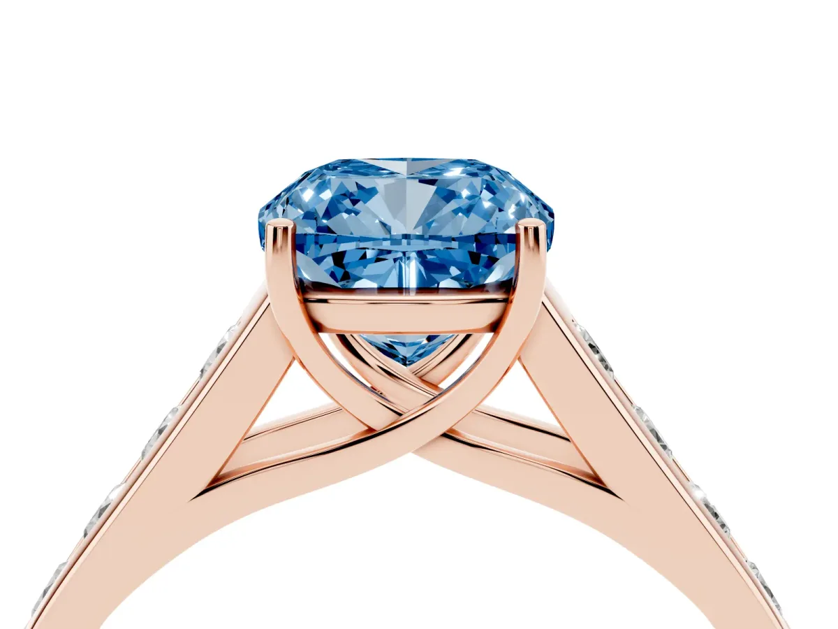 Fancy Blue Cushion Cut Solitaire Channel-Set Diamond Engagement Ring with Four-Prong Setting Rose gold