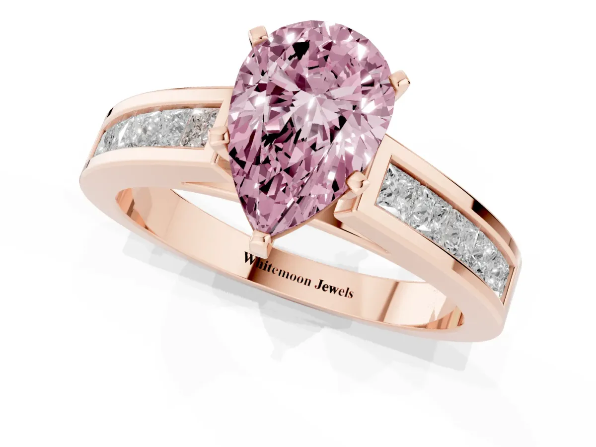 Fancy Pink Pear Cut Solitaire Diamond Ring with Channel-Set Band and Four-Prong Setting Rose gold