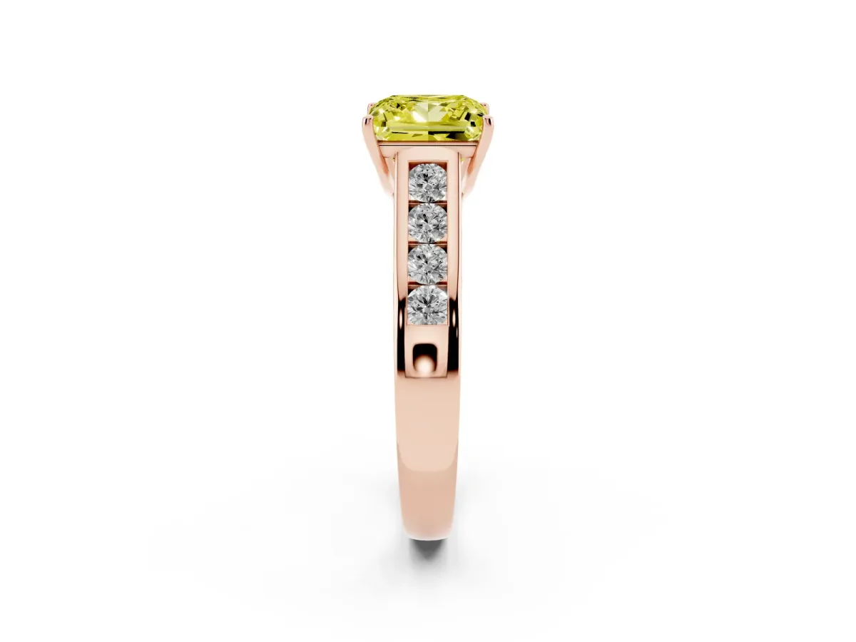 Fancy Yellow Princess Cut Solitaire Channel-Set Diamond Engagement Ring with Four-Prong Setting Rose gold