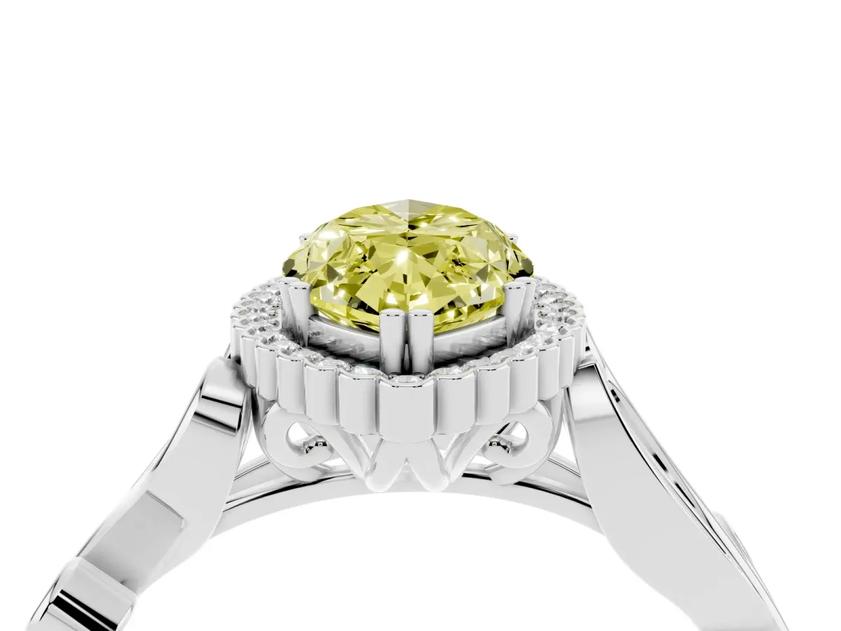 Fancy Yellow Marquise Cut Diamond Halo Ring with Vintage Split Shank and Four-Prong Setting Silver