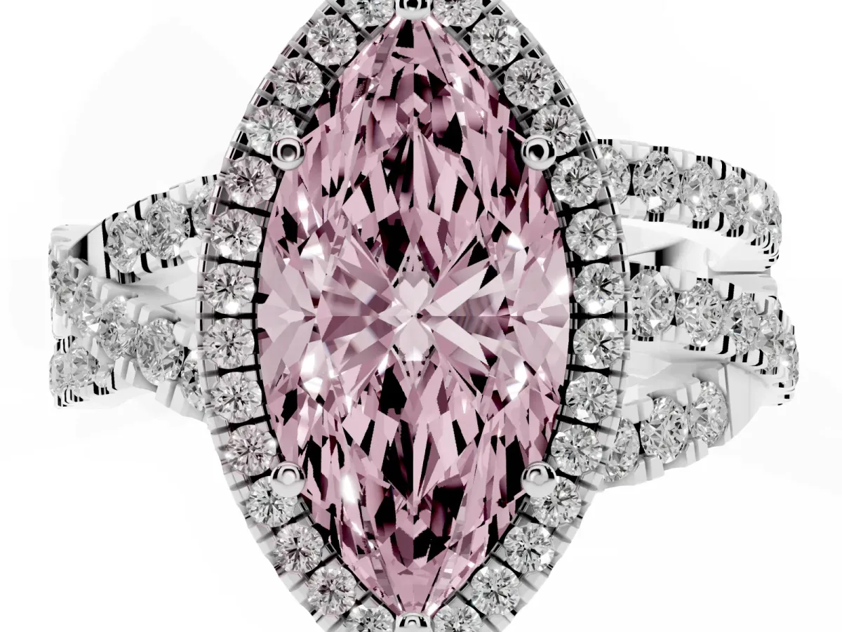 Fancy Pink Marquise Cut Diamond Halo Ring with Round Split Shank and Prong Setting Silver