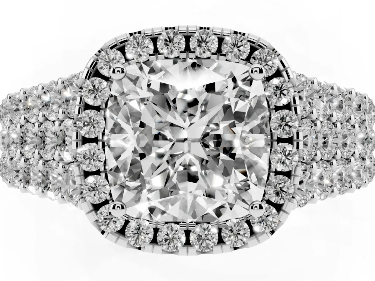 Cushion Cut Diamond Halo Engagement Ring with Triple Row Round Pavé Band and Prong Setting Silver