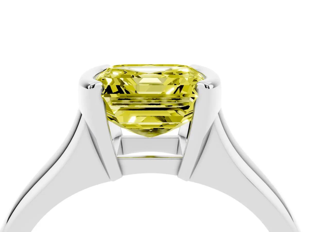 Fancy Yellow Asscher Cut Solitaire Tension Set Diamond Ring with Split Shank Band Platinum