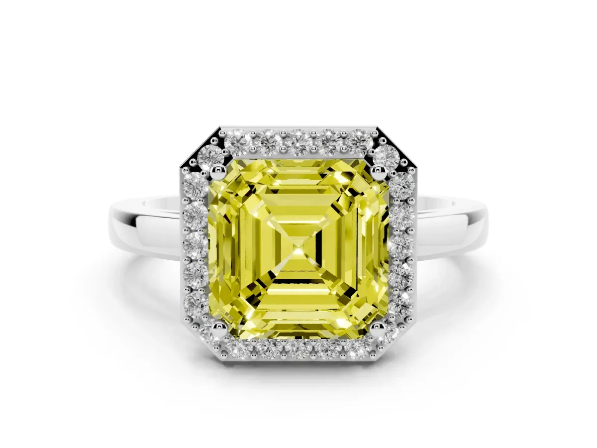 Fancy Yellow Asscher Cut Halo Diamond Ring with Solitaire Band and Prong Setting Silver