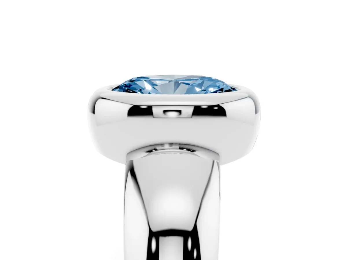 Fancy Blue Bezel Set Oval Cut Solitaire Ring with Wide Band Platinum