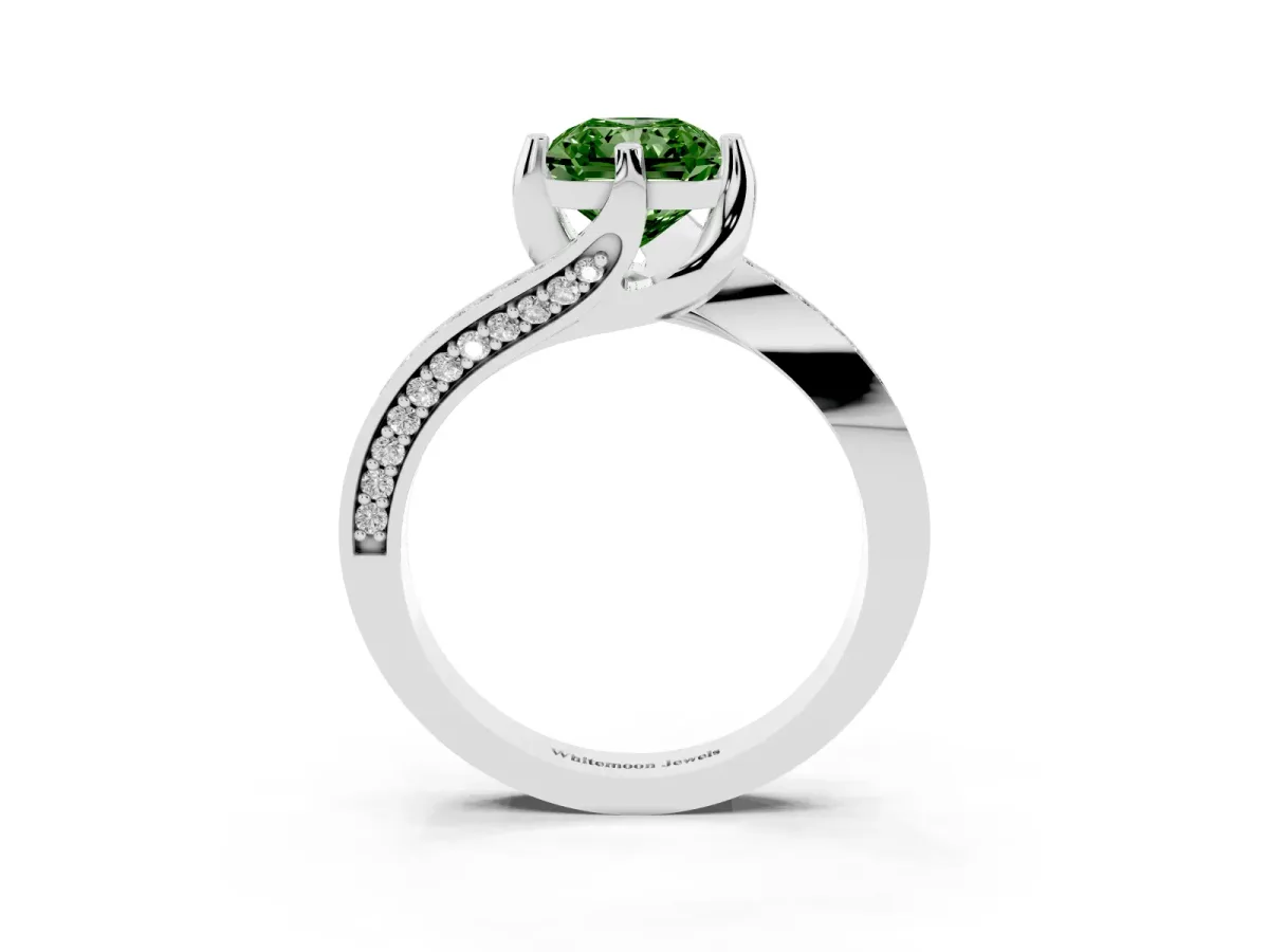 Fancy Green Radiant Cut Solitaire Diamond Twist Band with Pavé Setting and Four-Prong Setting Silver