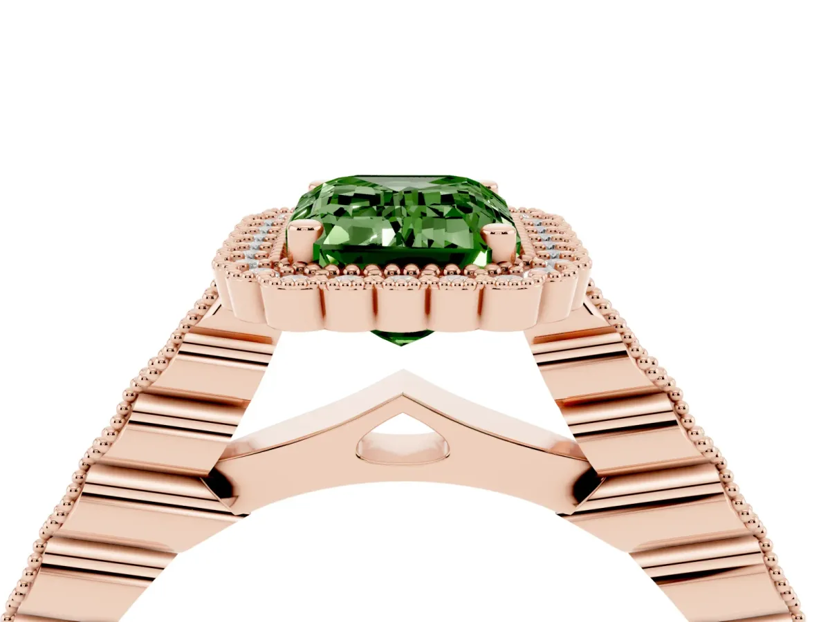 Fancy Green Emerald Cut Cut Halo Pavé Solitaire Ring with Milgrain Band Rose gold