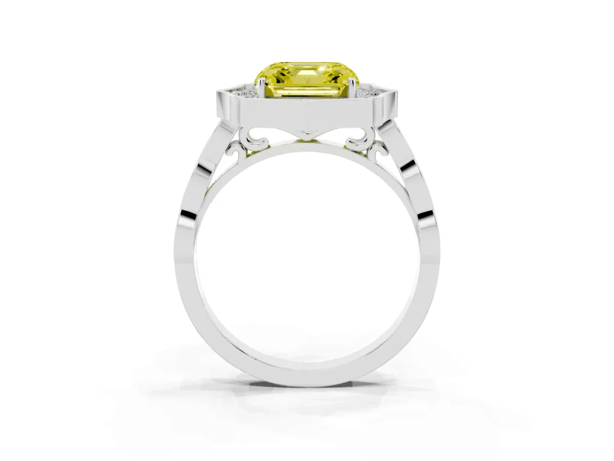 Fancy Yellow Asscher Cut Halo Diamond Engagement Ring with Milgrain Band and Four-Prong Setting Platinum
